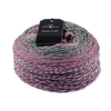 Multicolored skein of yarn with a brand tag on a white background