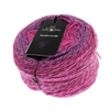 Ball of pink and purple yarn with a Schoppel label on a white background