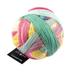Multicolored yarn ball with a label on a white background
