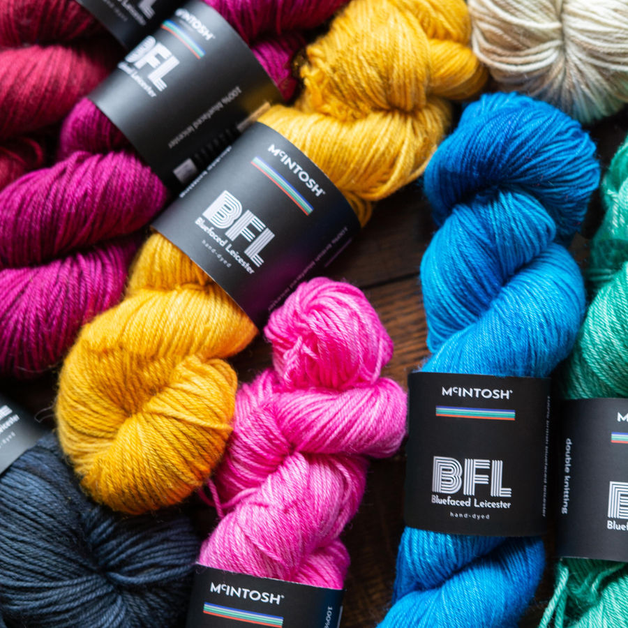 Different coloured skeins of McIntosh BFL wool