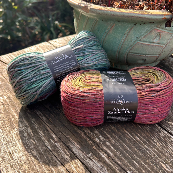 2 skeins of Schoppel Alpaca Zauber Plus on a wooden table next to plant pot