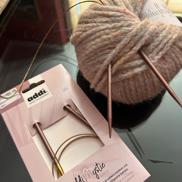 Addi Mystic knitting needles and wool