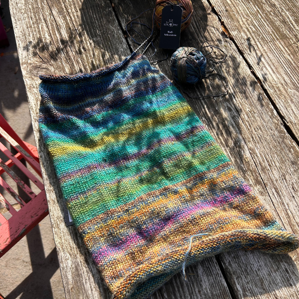 Wool Sisters by Schoppel knitting on table