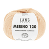 Ball of yarn with Lang Yarns Merino 120 label on a green background
