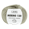 Ball of yarn with Lang Yarns Merino 120 label on a green background
