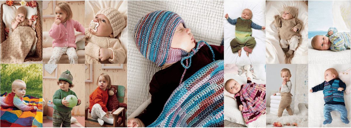 A collage of multiple children wearing handmade knit clothing and accessories, including a large central photo of a child in a striped knit hat and matching striped knit blanket, surrounded by smaller photos of babies and toddlers in cozy knit outfits.
