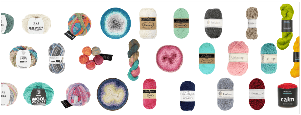 A wide collection of colorful yarn balls and skeins arranged in rows on a white background, with some labels and brands partially visible.
