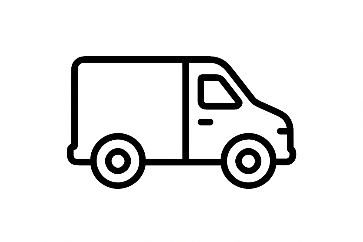a black and white line icon of a delivery van