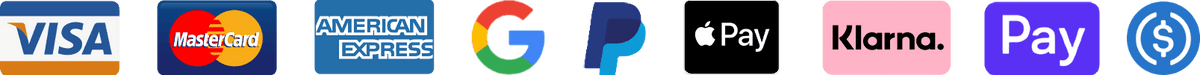 Logos of various payment methods including Visa, Mastercard, American Express, Google Pay, Apple Pay, and Klarna.