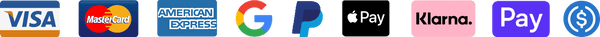 Logos of various payment methods including Visa, Mastercard, American Express, Google Pay, Apple Pay, and Klarna.