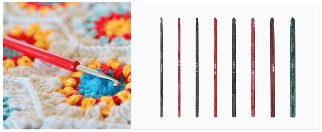 A split image showing crochet hooks in use on the left and a set of nine crochet hooks on the right. The left side shows a close-up of a red-handled hook working on a colorful crocheted fabric.