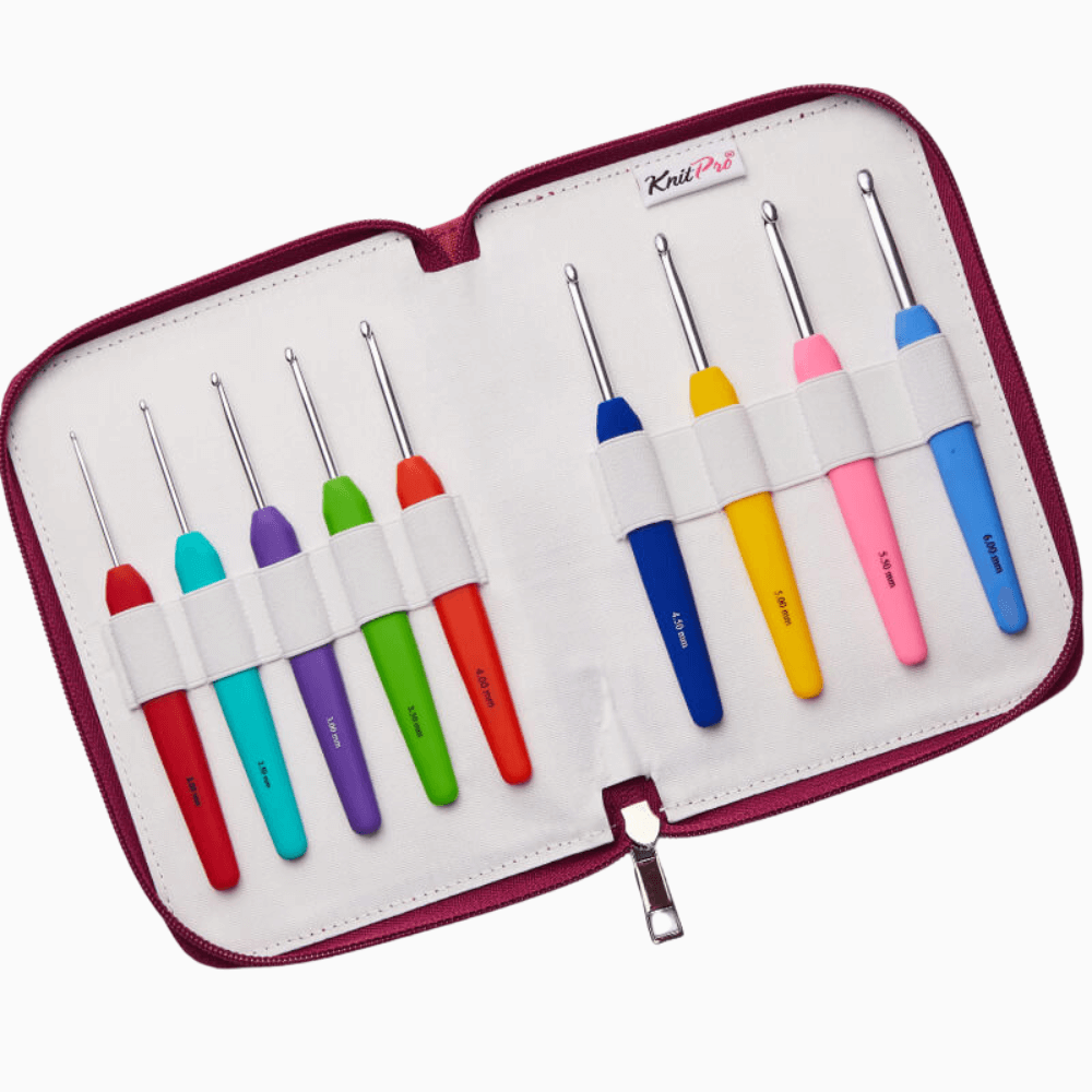 KnitPro Crochet Hooks KnitPro | Waves | Single Ended Crochet Set - 9 Crochet Hooks | Pink Maroon fabric case