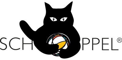 Logo of Schoppel with a black cat holding a colourful ball of yarn on a white background