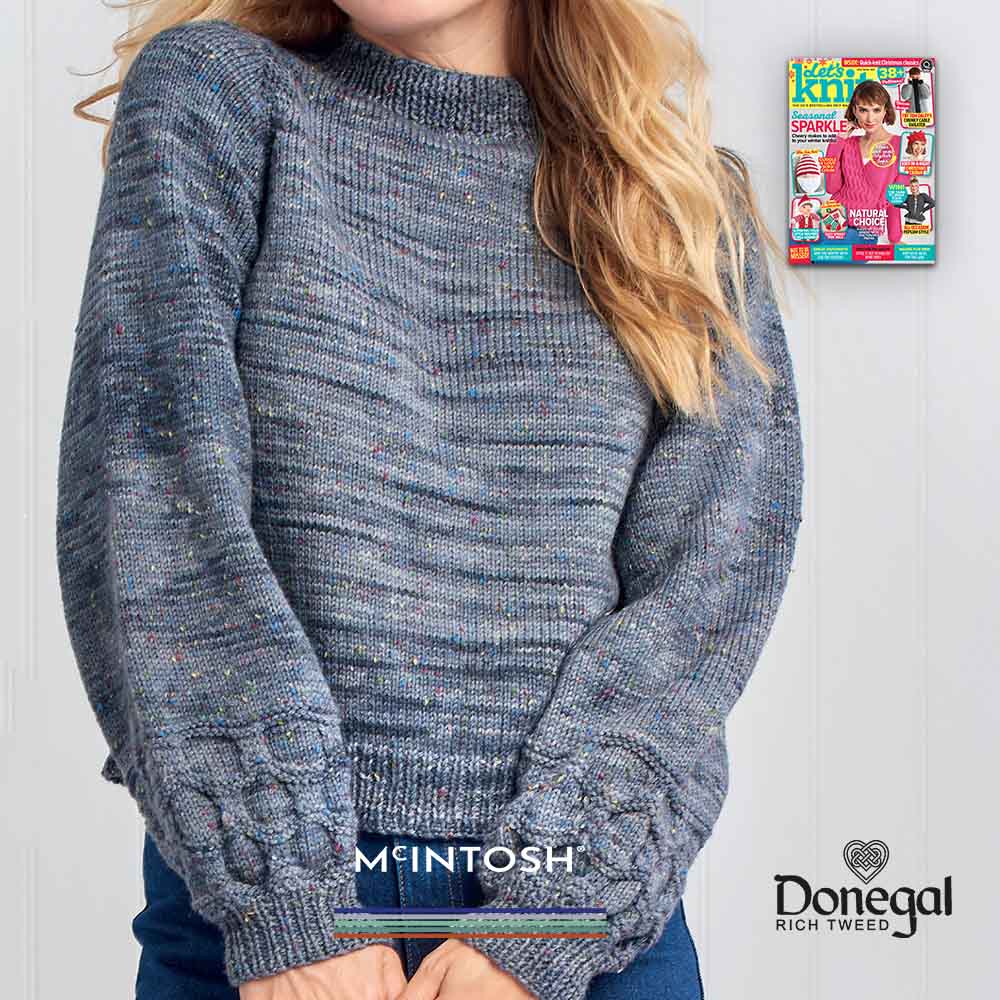 McIntosh wool Pettigo (as per pattern image) / UK Dress Size 6-8 (76-81cm) Balloon Sleeve Sweater - Donegal Rich Tweed Mindful Knitting Kit in DK